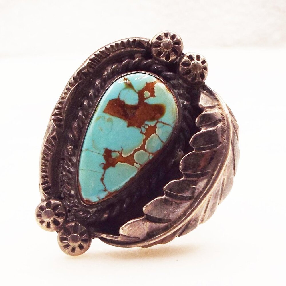 PRE-1900 ANTIQUE PAWN NAVAJO STERLING SILVER CERRILLOS TURQUOISE SZ.8 RING #1 H